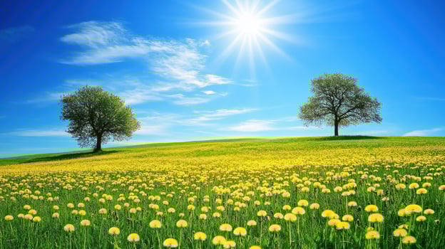 A vibrant landscape featuring two trees and a field of dandelions under a bright sky. photo