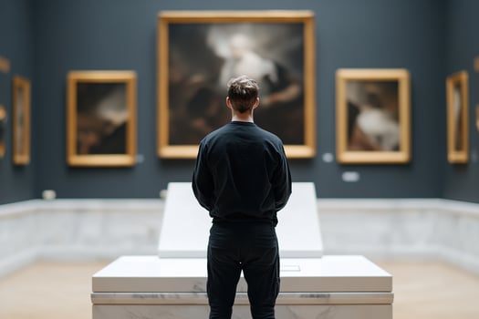 A thief in janitorial attire replaces a valuable painting with a replica in a dark museum, creating a tense atmosphere filled with high-stakes intrigue and meticulous planning photo