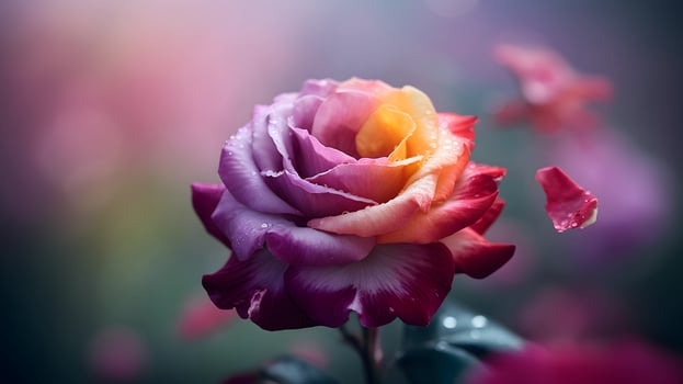A vibrant multi-colored rose with water droplets. photo
