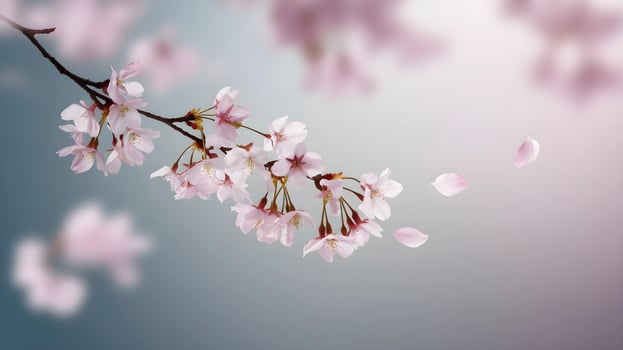 A beautiful close-up of a branch of cherry blossoms against a soft, light-gray sky. photo