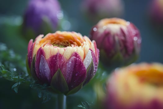 Close up of a vibrant Ranunculus flower bud covered in dew drops. photo