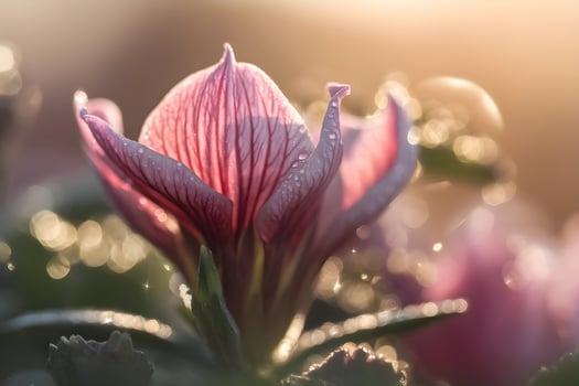 Close-up of a delicate, dew-kissed flower in soft sunlight. photo