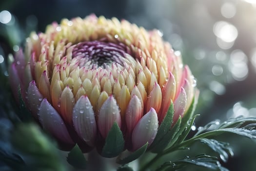 A close up view of a vibrant dahlia flower covered in glistening water droplets. photo