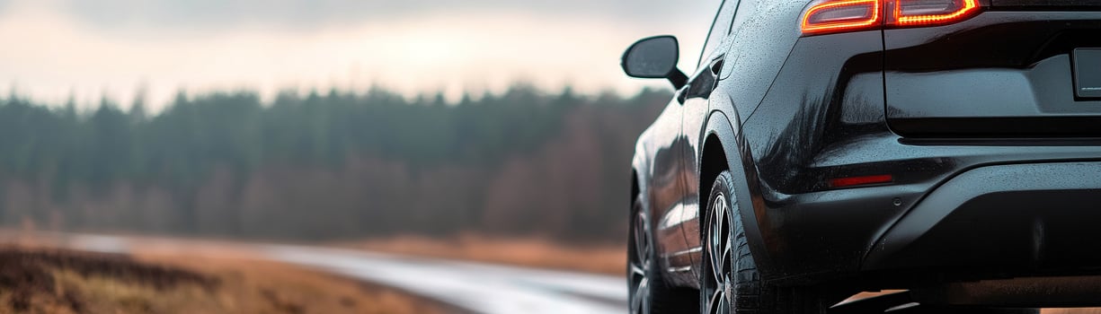 A modern black car is parked on a winding road with a blurred background of trees and an overcast sky, creating a serene and peaceful atmosphere photo