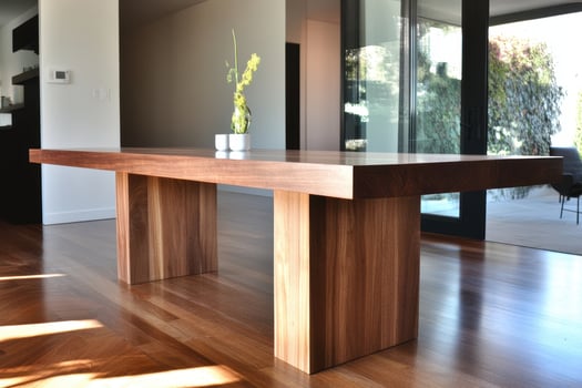 A modern wooden dining table with a vase and plant, set in a bright, open space. photo