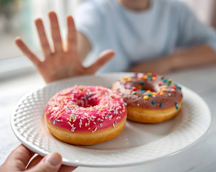 Hand gesturing stop to an offered plate of donuts on a white plate photo