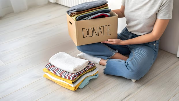 Person donating clothes into a labeled cardboard box on a wooden floor photo