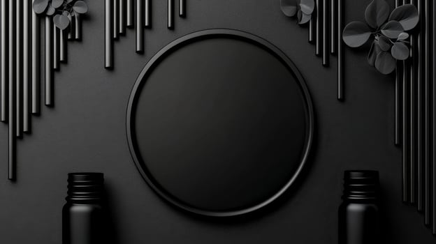 Black plate on dark textured background with cylindrical rods and bottles photo