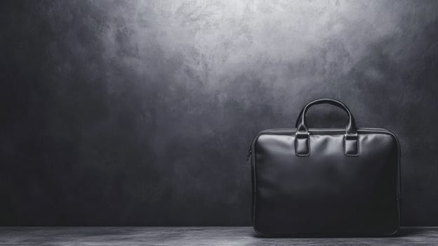 Sleek Black Leather Briefcase Against a Dark Concrete Background photo