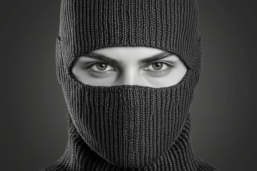 Close up portrait of person in black balaclava photo