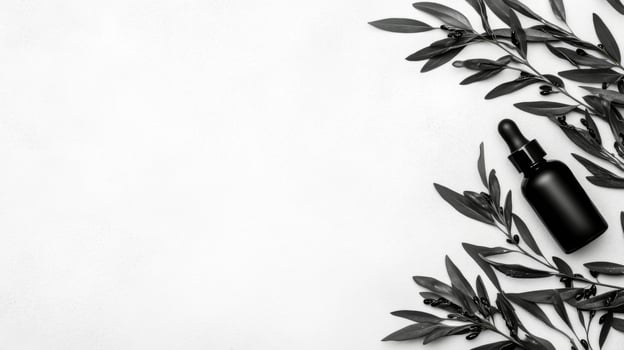 Black dropper bottle framed by olive branches photo