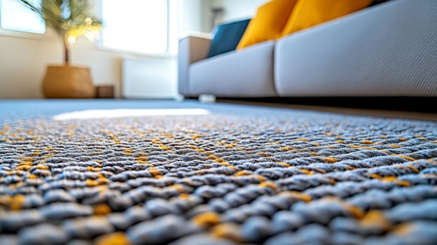 Cozy living space with textured rug and colorful cushions, inviting home decor design element, warm natural light. Textured gray rug with orange across a well lit living room, stylish sofa photo