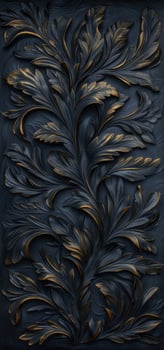 Ornate dark floral leaf pattern with gold accents on textured background photo