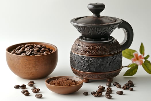 Traditional coffee grinder with beans and ground coffee displayed on a clean surface. Old fashioned coffee grinder made of dark wood sits beside bowls filled with whole coffee beans and ground coffee photo
