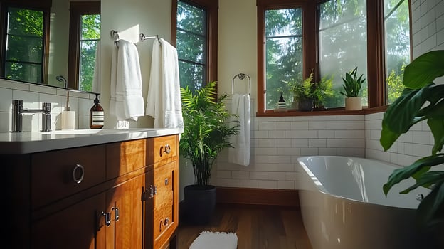 A bathroom with a tub, sink and window photo
