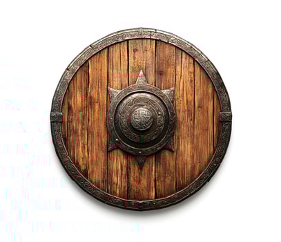 Historic wooden shield designed with intricate metalwork details photo