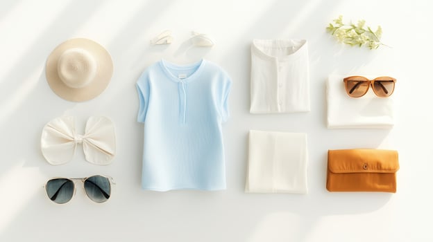 Summer fashion flat lay with stylish attire, accessories, and seasonal colors ready for a day outdoors photo