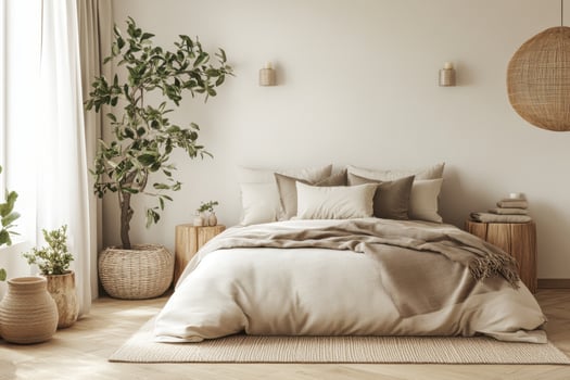 A serene bedroom with neutral tones, plants, and cozy textiles for relaxation. photo