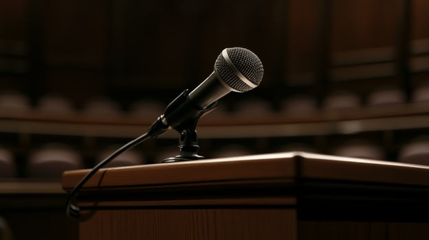 Close-up of a microphone positioned on a podium in an empty auditorium before a public speaking event photo