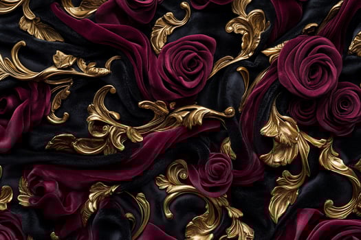 Luxurious dark fabric with gold details and red roses photo