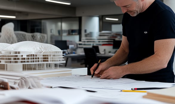 A man is working on a model of a building photo