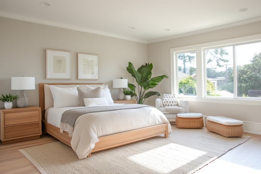 A serene and modern bedroom with natural light and minimalist decor. photo