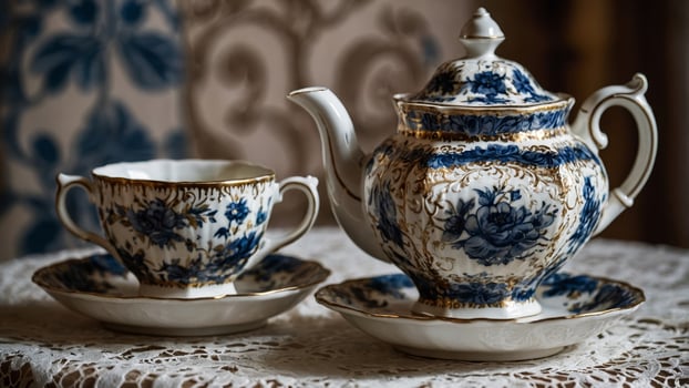 Elegant porcelain tea set displayed on lace tablecloth in vintage setting with floral pattern photo