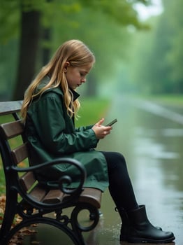 A 15-year-old Caucasian girl with wavy blonde hair, sitting on a metal park bench in the pouring rain, focused on her phone photo