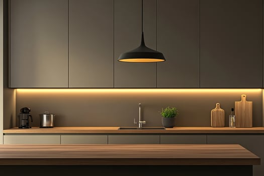 Modern kitchen with sleek cabinetry, warm lighting, and minimalist decor photo