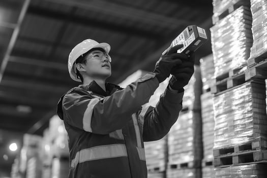 A man in a hard hat is holding a barcode photo