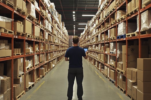 A man standing in a warehouse aisle with boxes photo