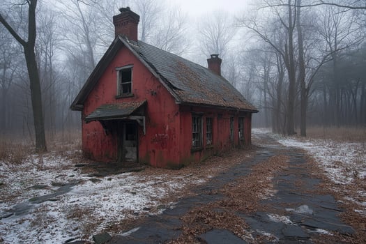 Red Abandoned House Winter Foggy Forest photo