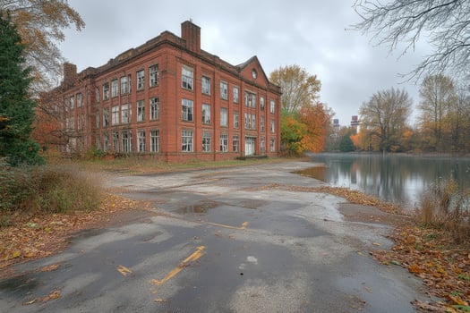 Abandoned Brick Building Near Autumnal Lake photo