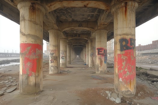 Ruined Bridge Pillars Show Decay and Graffiti Art photo