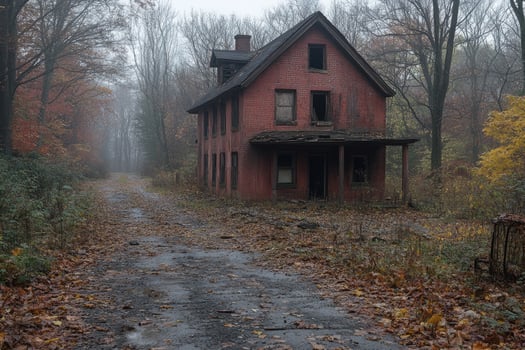 Abandoned Red Brick House Autumn Woods Path photo
