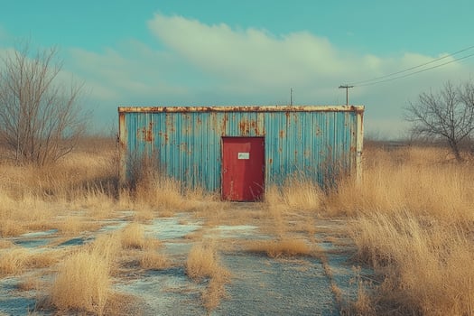 Rusted Metal Building With Red Door In Field photo