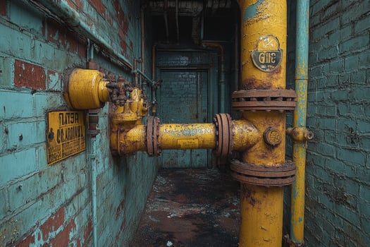 Rusted Pipes and Peeling Paint in an Old Factory Corridor photo