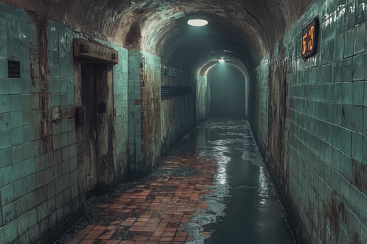 Flooded Subterranean Passageway Showing Aged Tiles and Decay photo