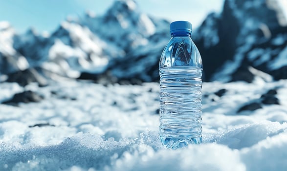 Plastic water bottle in snow with blurred mountain background photo
