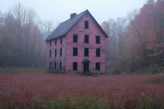 A Pink Abandoned House Stands in a Foggy Field photo
