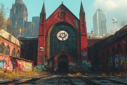 Ruined Church Amidst Urban Decay and Modern Buildings photo