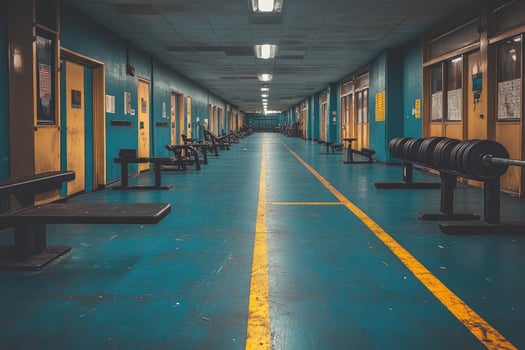 Abandoned Gym Hallway With Weight Training Equipment photo