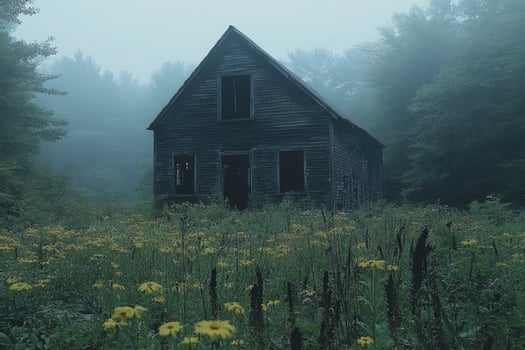 A Foggy Forest Conceals An Old Abandoned House photo