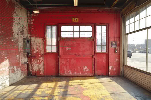 Red Industrial Doorway In Abandoned Factory Building photo