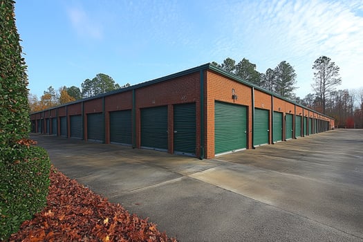 Brick Storage Units Row Green Doors Autumn Leaves photo