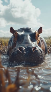 Hippo emerges from water surrounded by tall grass under clear skies in a natural habitat setting photo