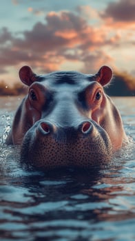 Hippo swimming in calm water at sunset with vibrant clouds and reflective surface photo