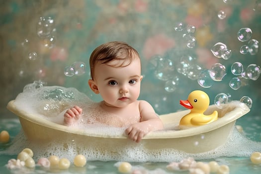 Baby taking bath with rubber duck and soap bubbles photo