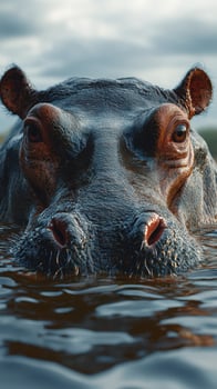 Hippo emerging from water during twilight at a serene natural setting photo