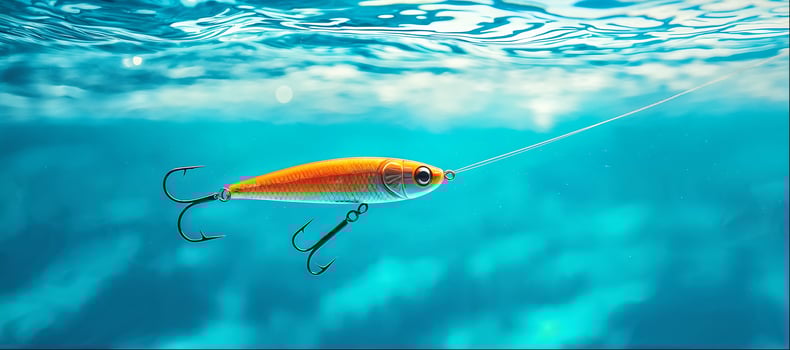 Fishing bait, fishing lure with hook close-up in sea water with copy space photo